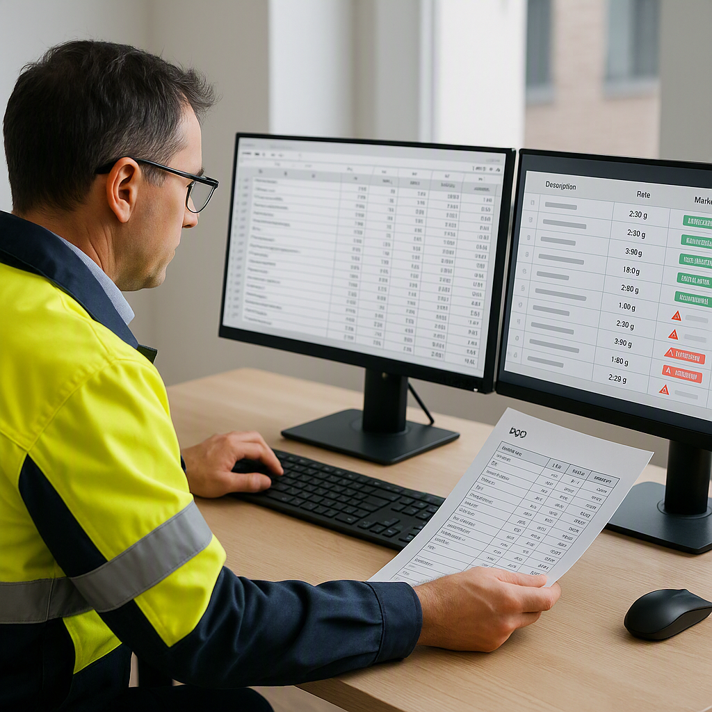 A construction estimator reviewing a BOQ on a dual monitor setup: left screen shows a BOQ spreadsheet and right screen s...