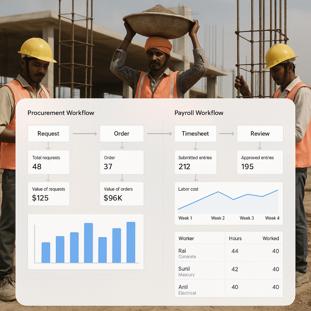 A detailed dashboard showing procurement and payroll workflows in action for construction projects, with Indian workers...