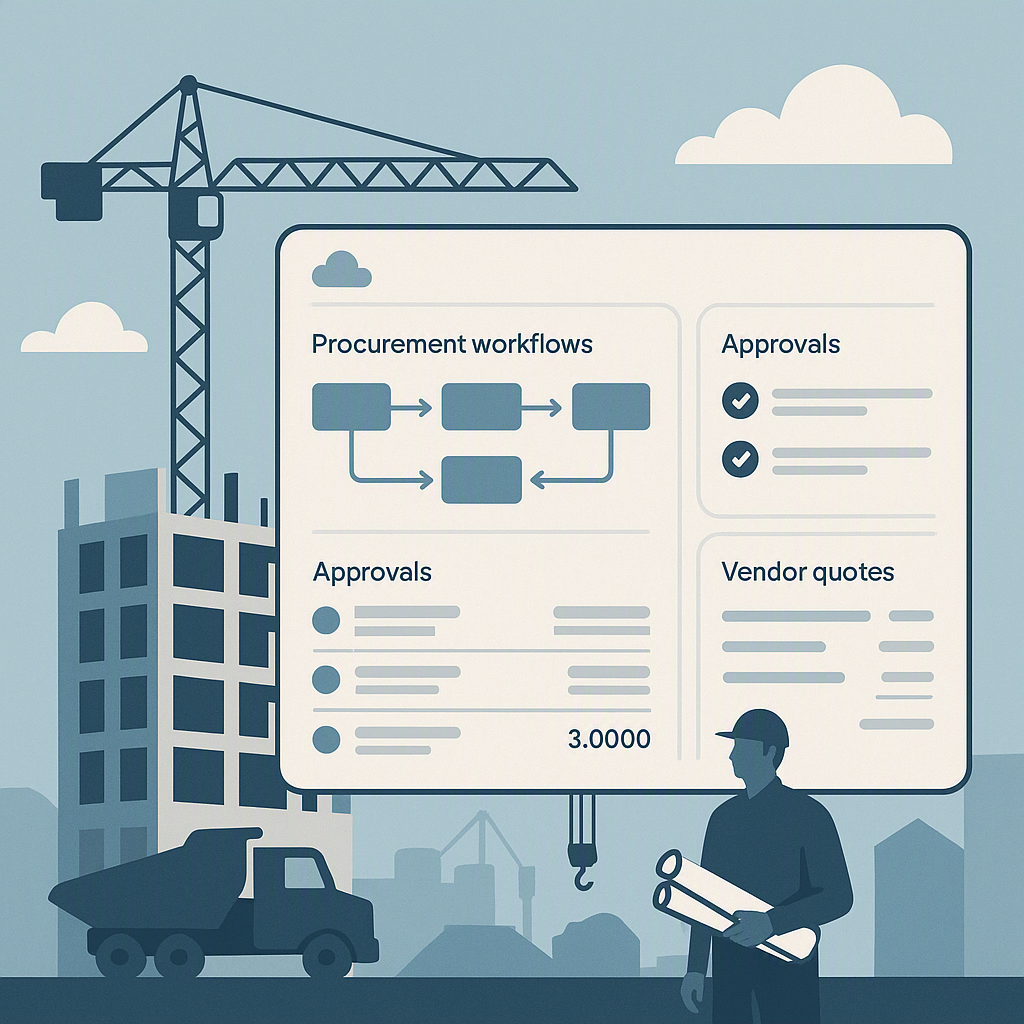 A modern, minimalist digital illustration of a construction site with a cloud-based dashboard overlay showing procuremen...