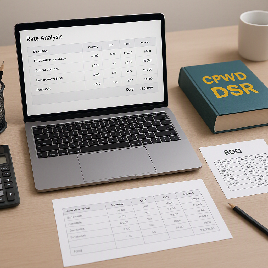 A detailed image of a construction estimator's desk with a laptop showing a rate analysis software interface, CPWD DSR b...