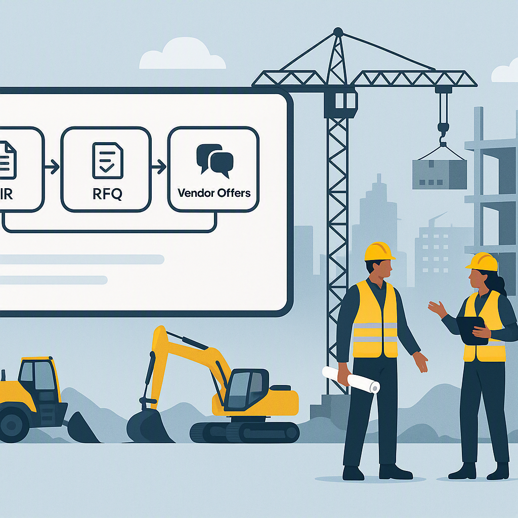 An illustration of a construction project site with a digital dashboard showing MR → RFQ → Vendor Offers → PO workflow s...
