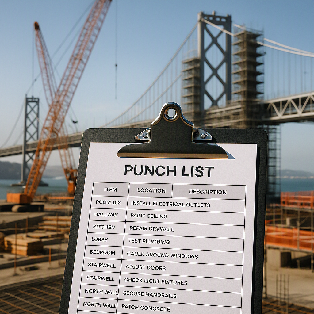 A construction site punch list clipboard with detailed tasks, set against a backdrop of the San Francisco Bridge under r...