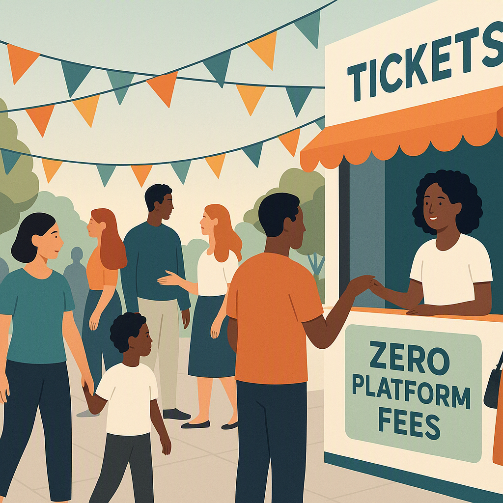 A community event scene featuring diverse attendees, colorful banners, and a ticket booth with a 'Zero Platform Fees' si...