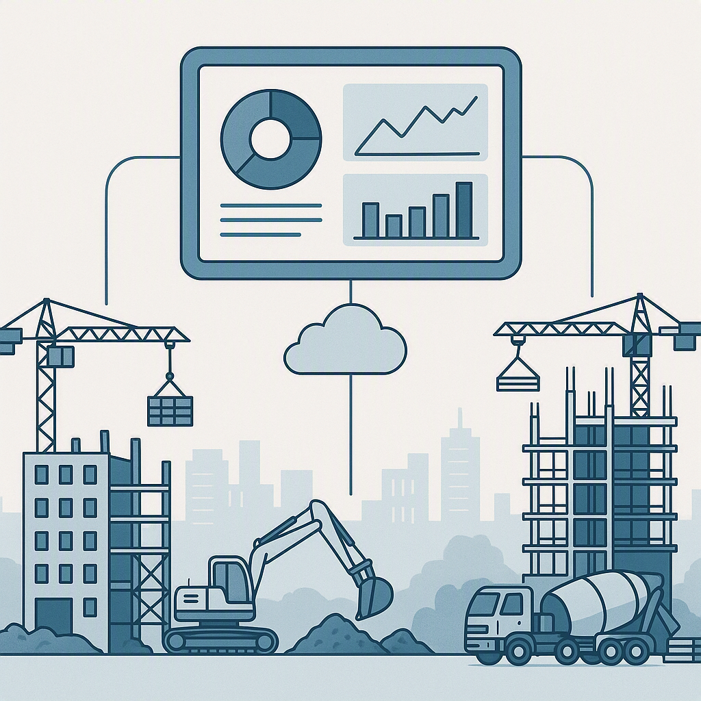A detailed illustration of a construction site showing multiple projects connected by a digital dashboard, emphasizing r...