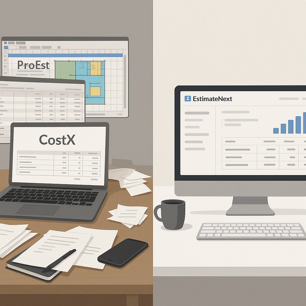 A split-screen image showing a cluttered desk with multiple software tools on one side (representing CostX, ProEst, and...
