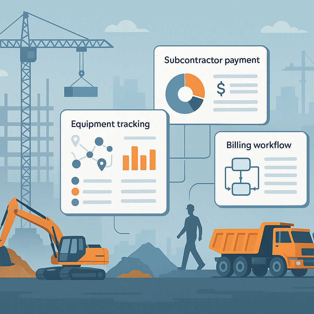 An illustration of a construction site with interconnected digital screens showing data dashboards for equipment trackin...