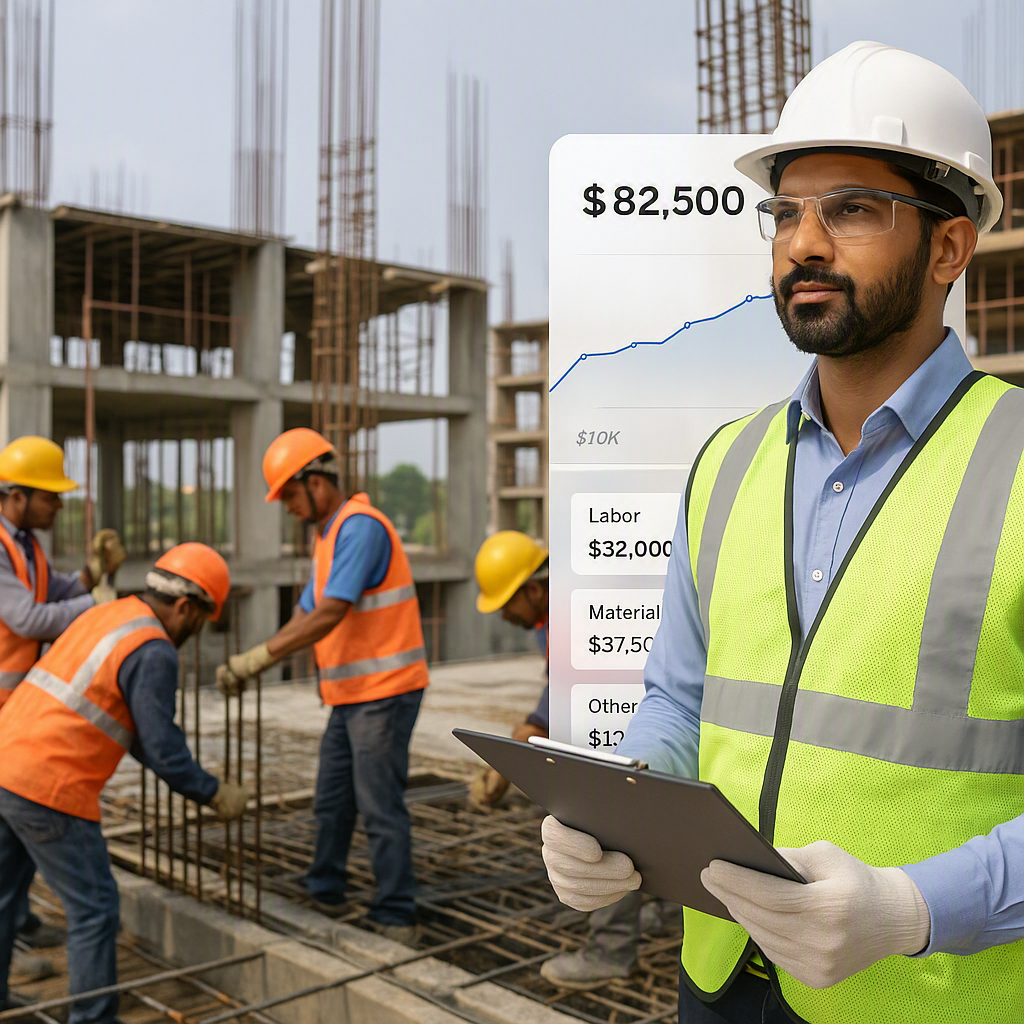 An Indian construction site with subcontractors working, a project manager holding a clipboard, and a digital dashboard...