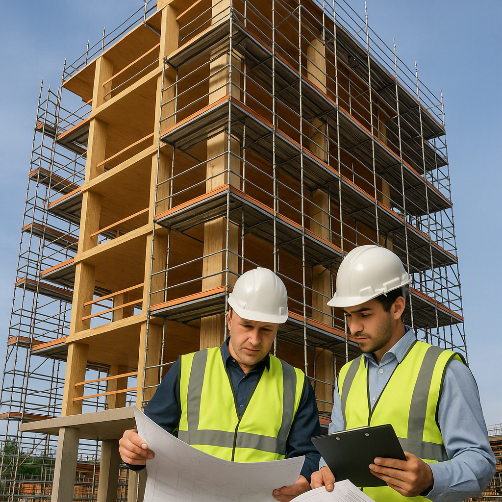 A detailed image of a half-constructed mass timber tower surrounded by scaffolding, with workers reviewing blueprints an...