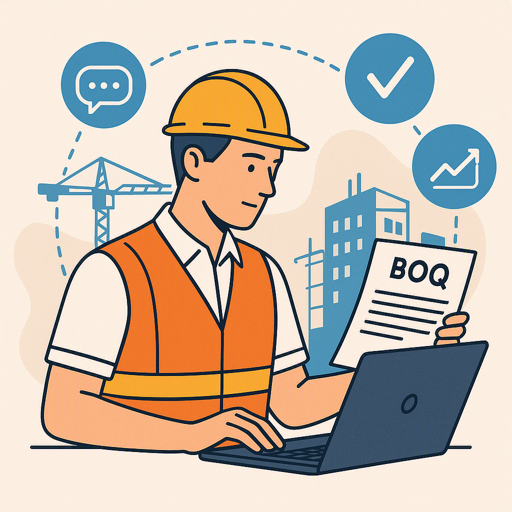 A stylized illustration of a construction project manager reviewing a BOQ document on a laptop, with interconnected icon...