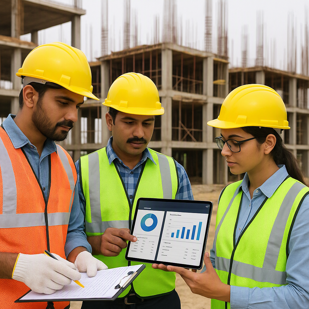 An Indian construction site with workers measuring progress against a BOQ, featuring digital tools like tablets or softw...