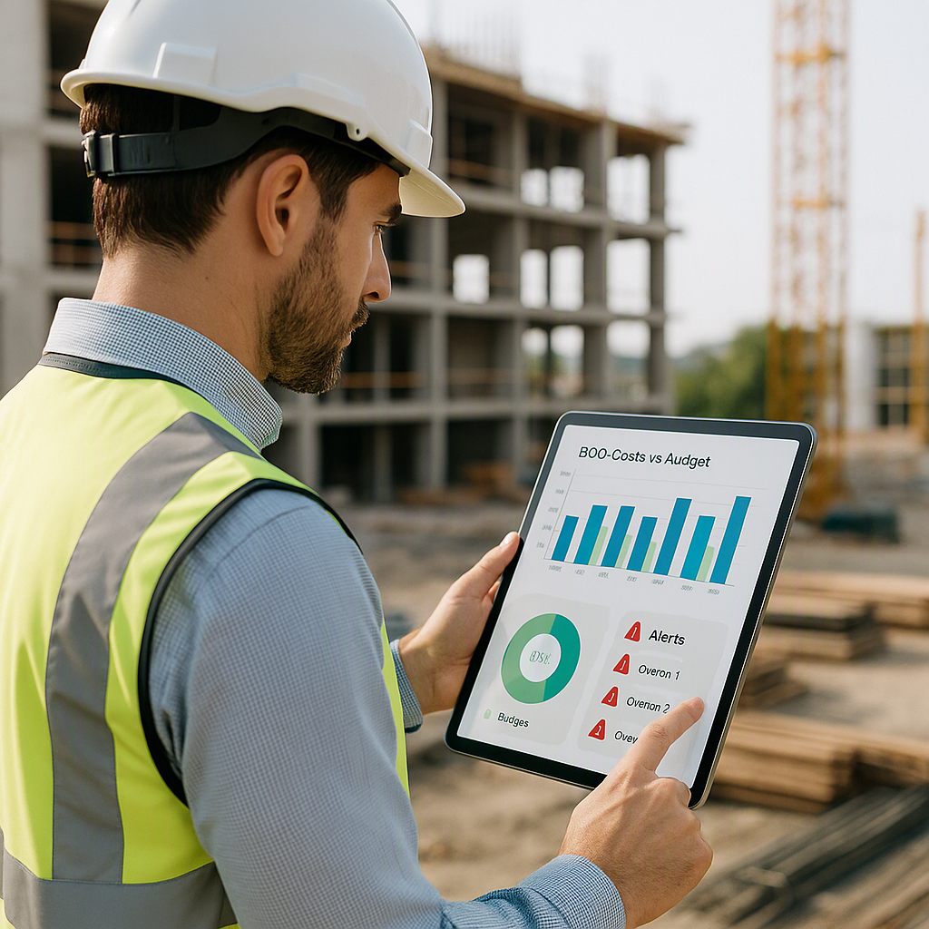A construction project manager reviewing a real-time dashboard on a tablet, showing BOQ costs vs budgets and alerts for...
