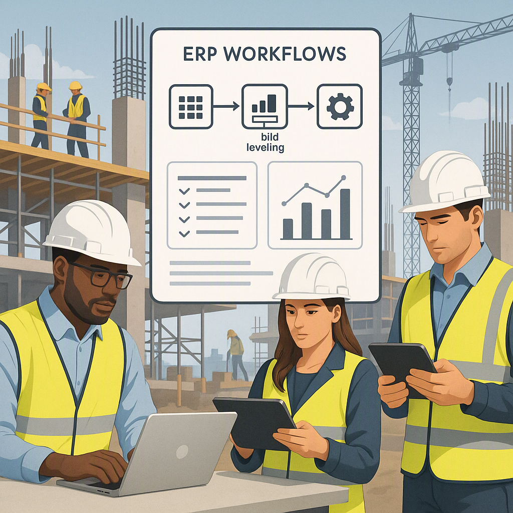 A detailed image of a construction site with engineers working on tablets and laptops, alongside a digital dashboard sho...