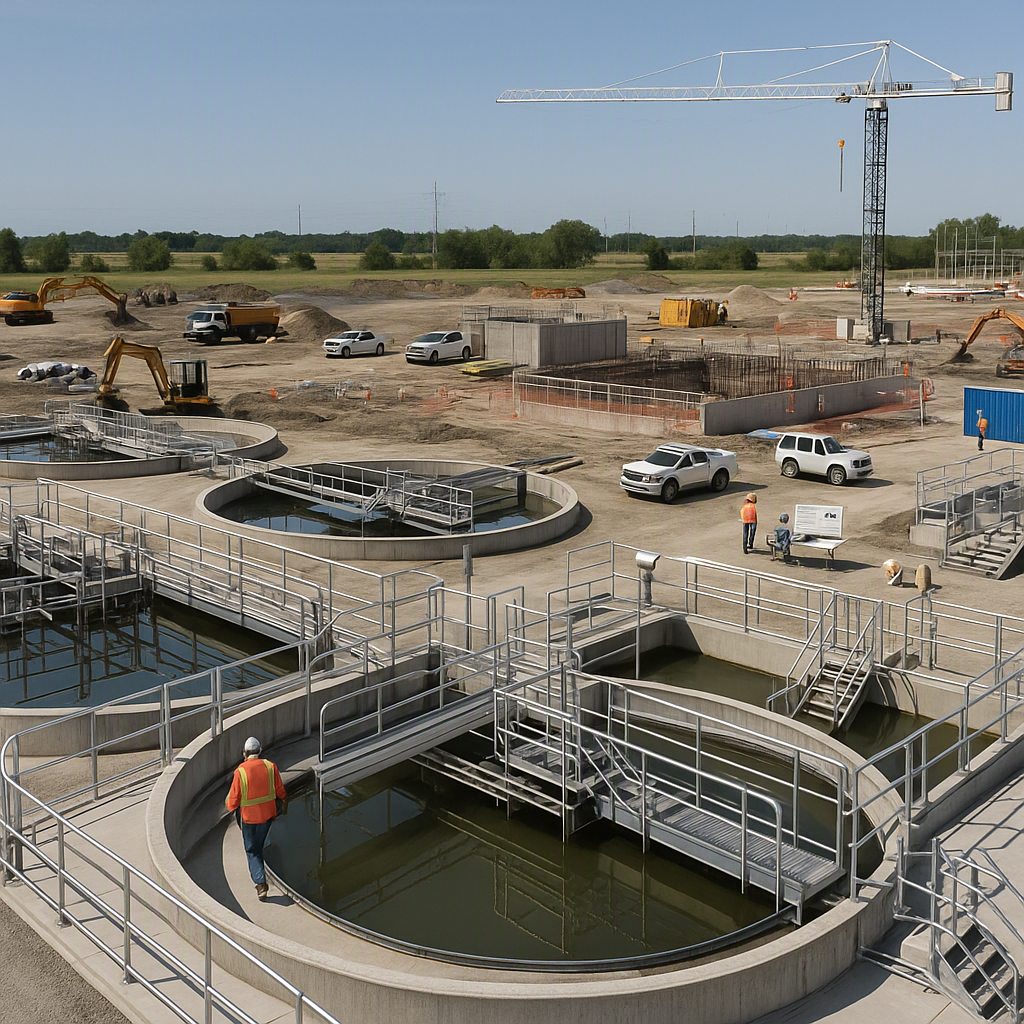 A well-managed large-scale wastewater construction site with multiple subcontractors, showcasing clear workflows and pro...