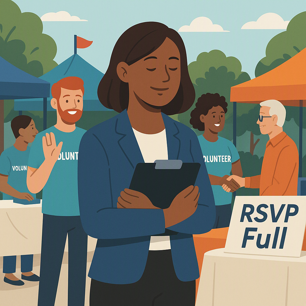 A vibrant community event scene with a project executive holding a clipboard, surrounded by volunteers and event booths....