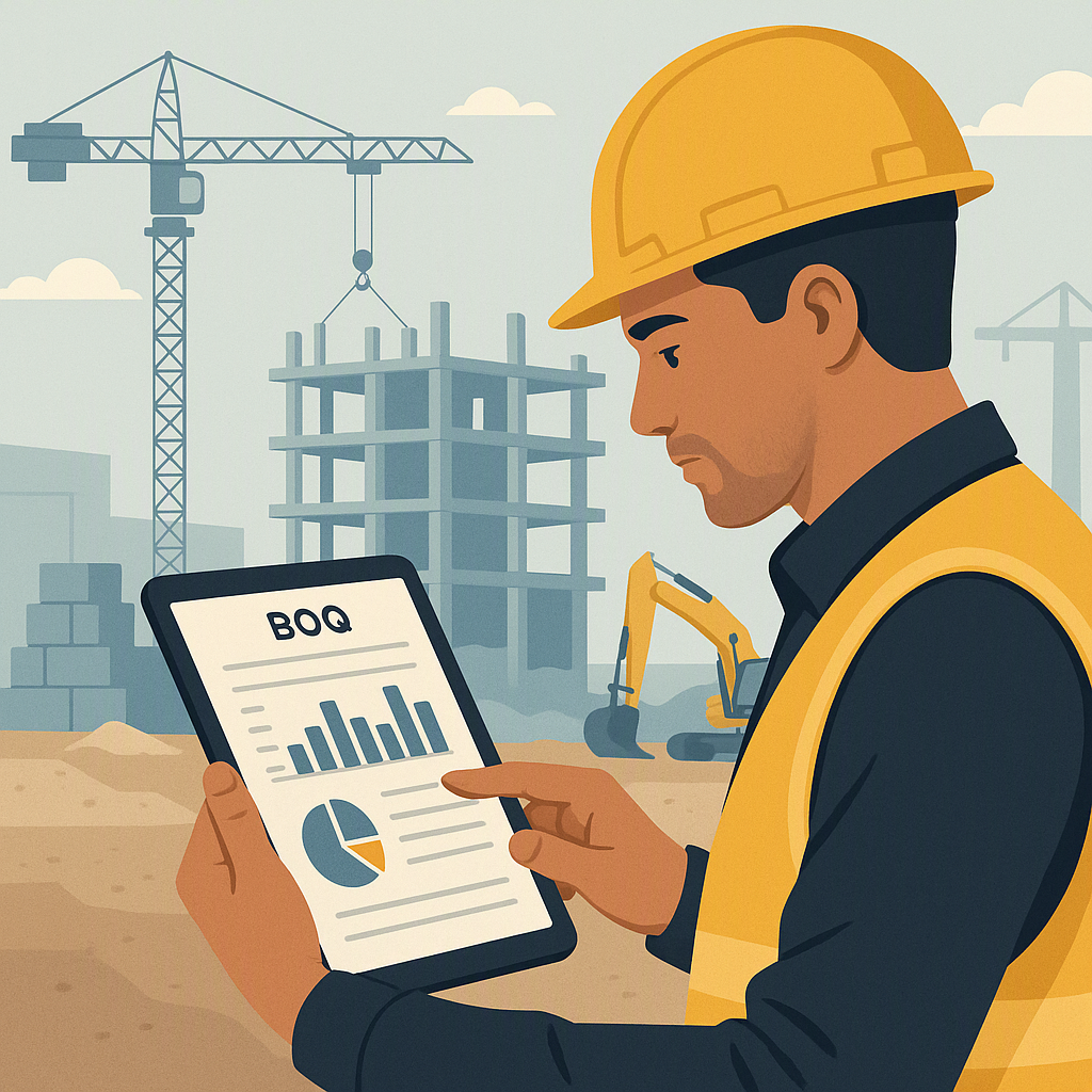 A detailed illustration showing a contractor reviewing a BOQ on a tablet with graphs and charts visible, construction si...