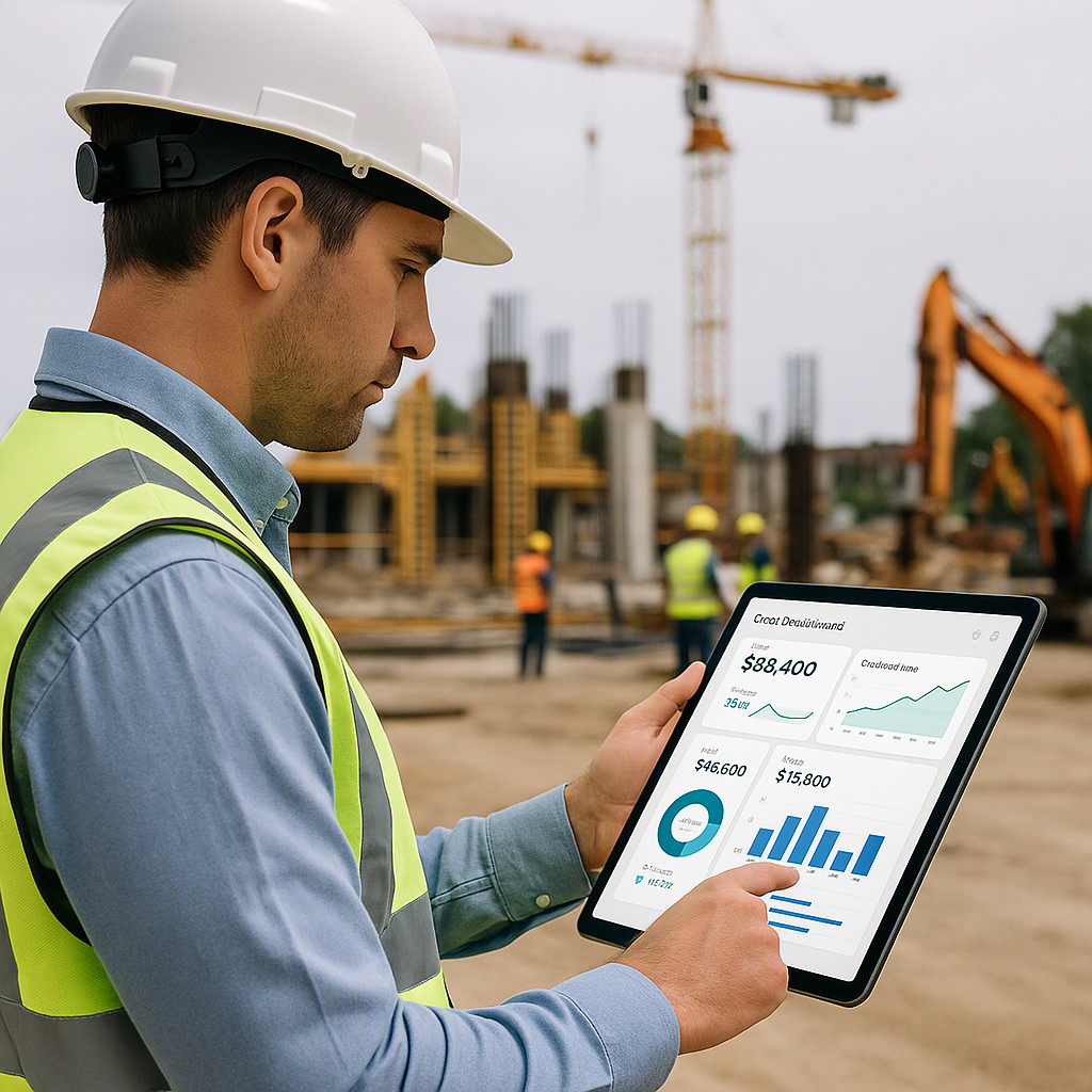 A contractor reviewing a real-time cost dashboard on a tablet while standing at a construction site with equipment and w...