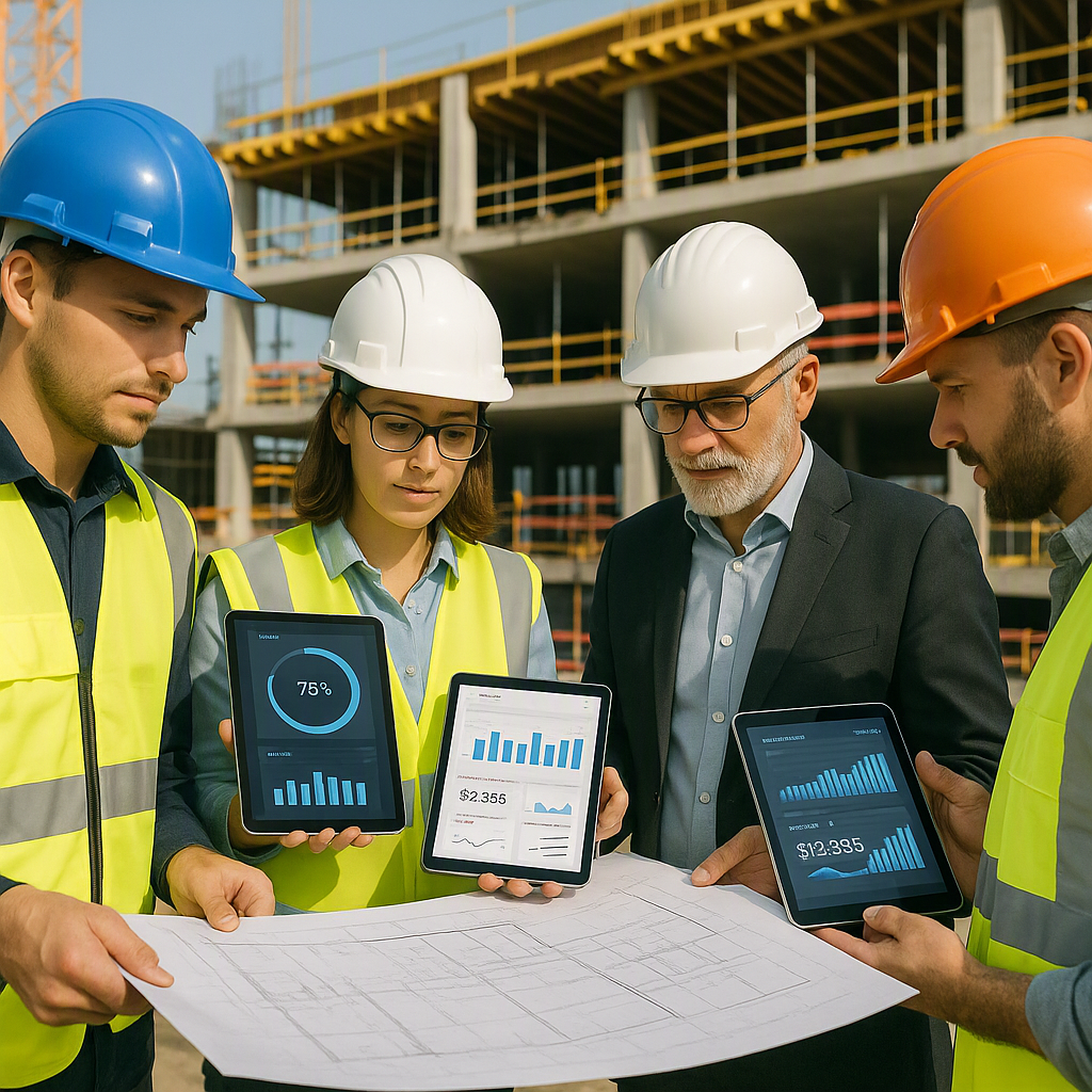 A construction project site with workers and supervisors reviewing blueprints, with digital dashboards visible on tablet...
