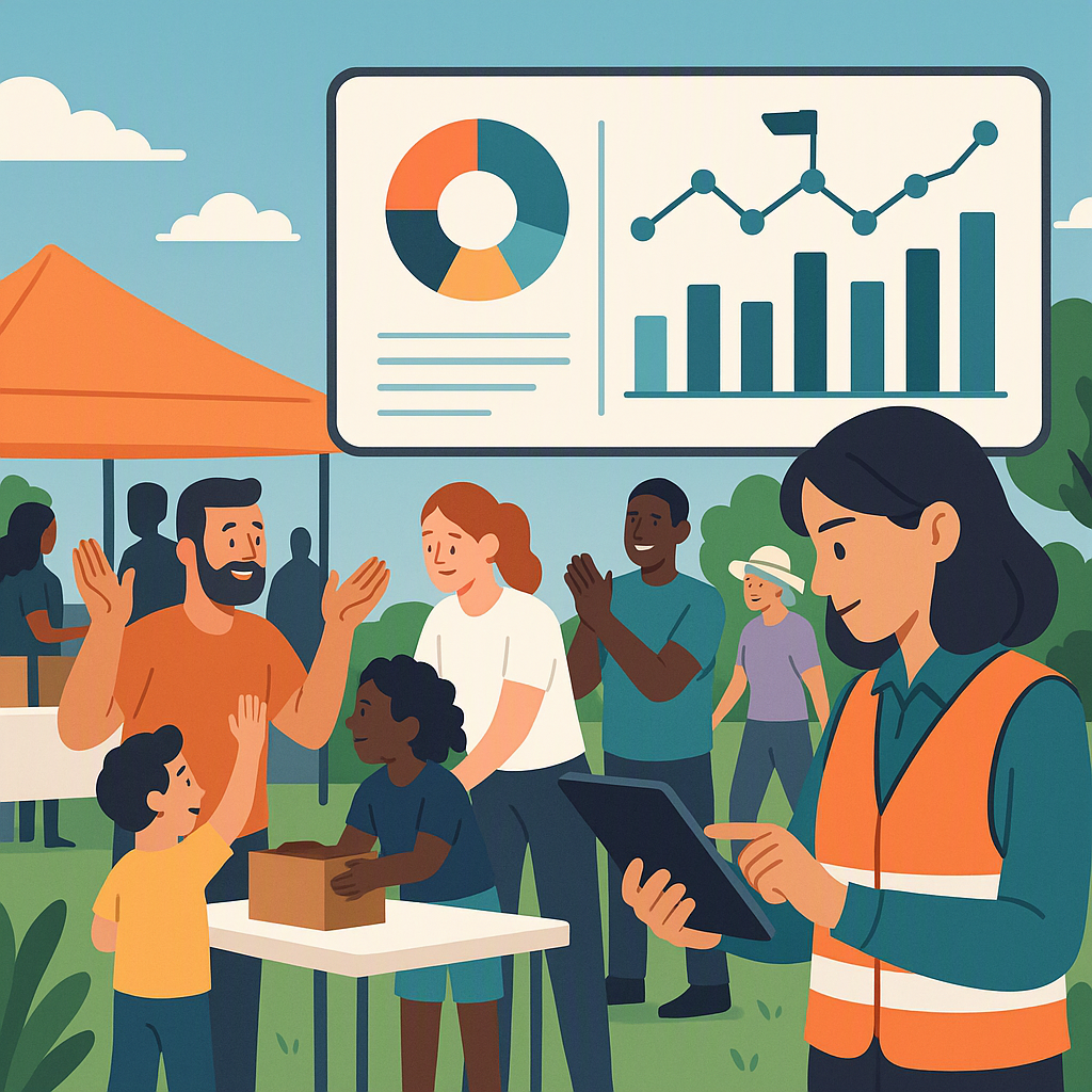 A vibrant community event scene featuring diverse participants, a project manager overseeing logistics with a tablet, an...