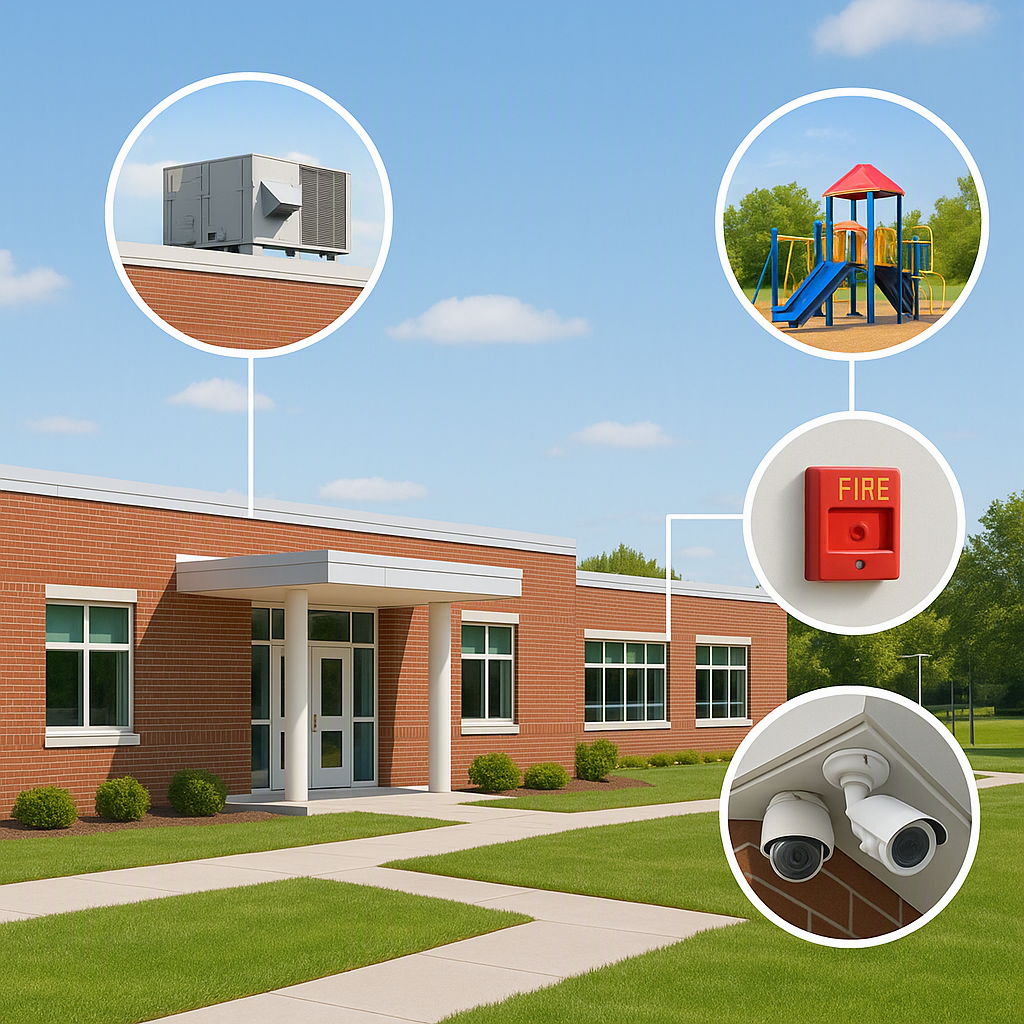 A school campus with key facilities highlighted digitally: HVAC unit, playground, fire alarm system, and security camera...