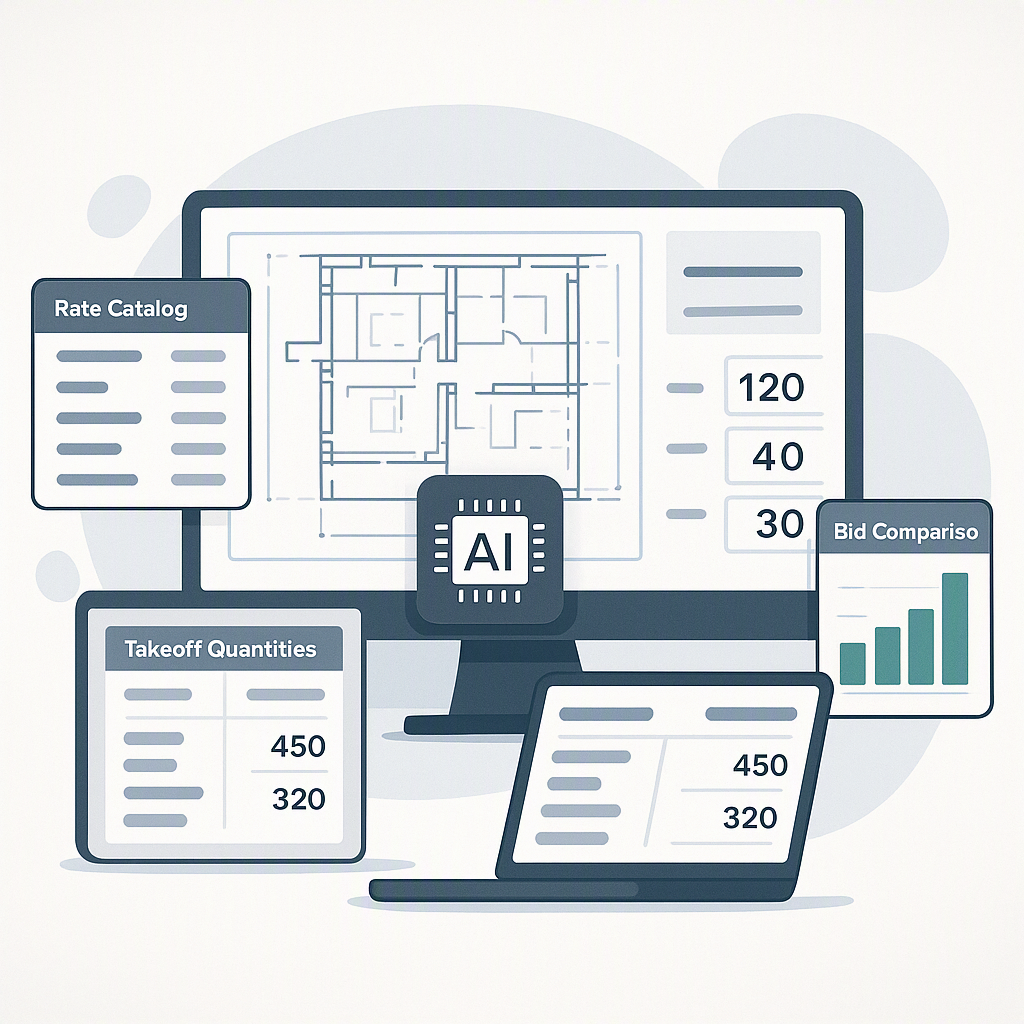 An AI-powered tool analyzing construction drawings and BOQs, featuring multiple screens with rate catalogs, takeoff quan...