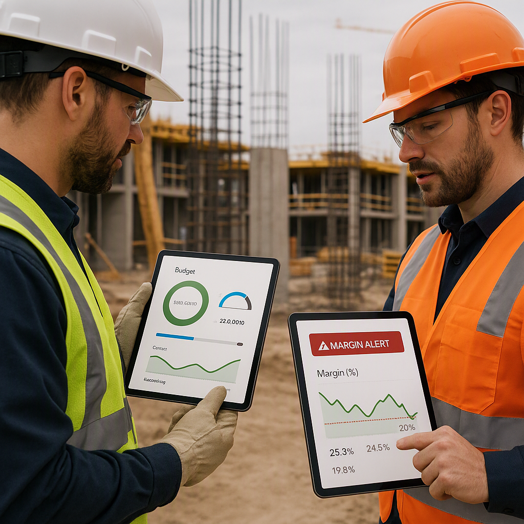 A construction site with workers reviewing digital dashboards on tablets, showing live budget tracking and margin alerts...