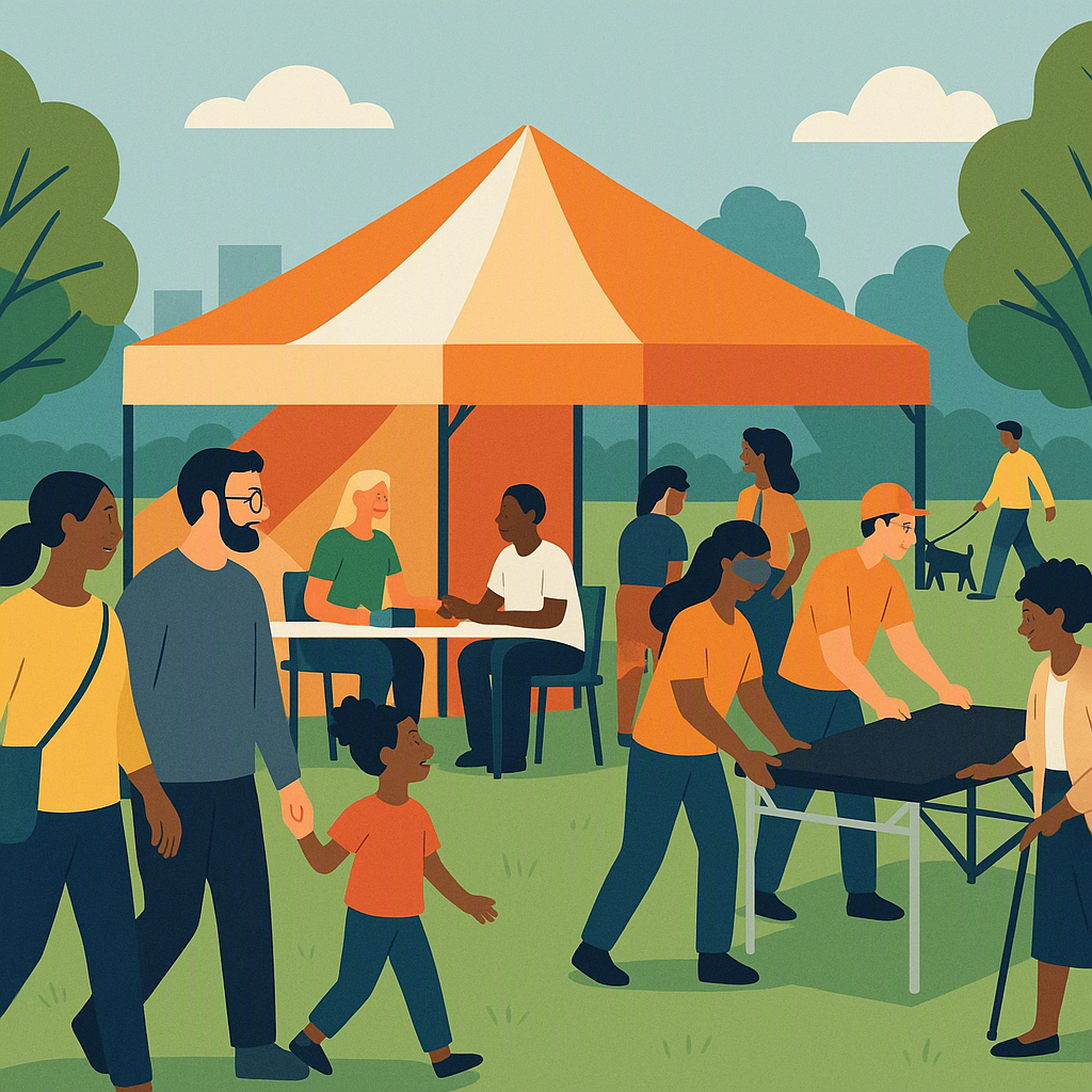 A vibrant community pop-up event in a park, with a modular tent, diverse attendees, and volunteers setting up a stage.