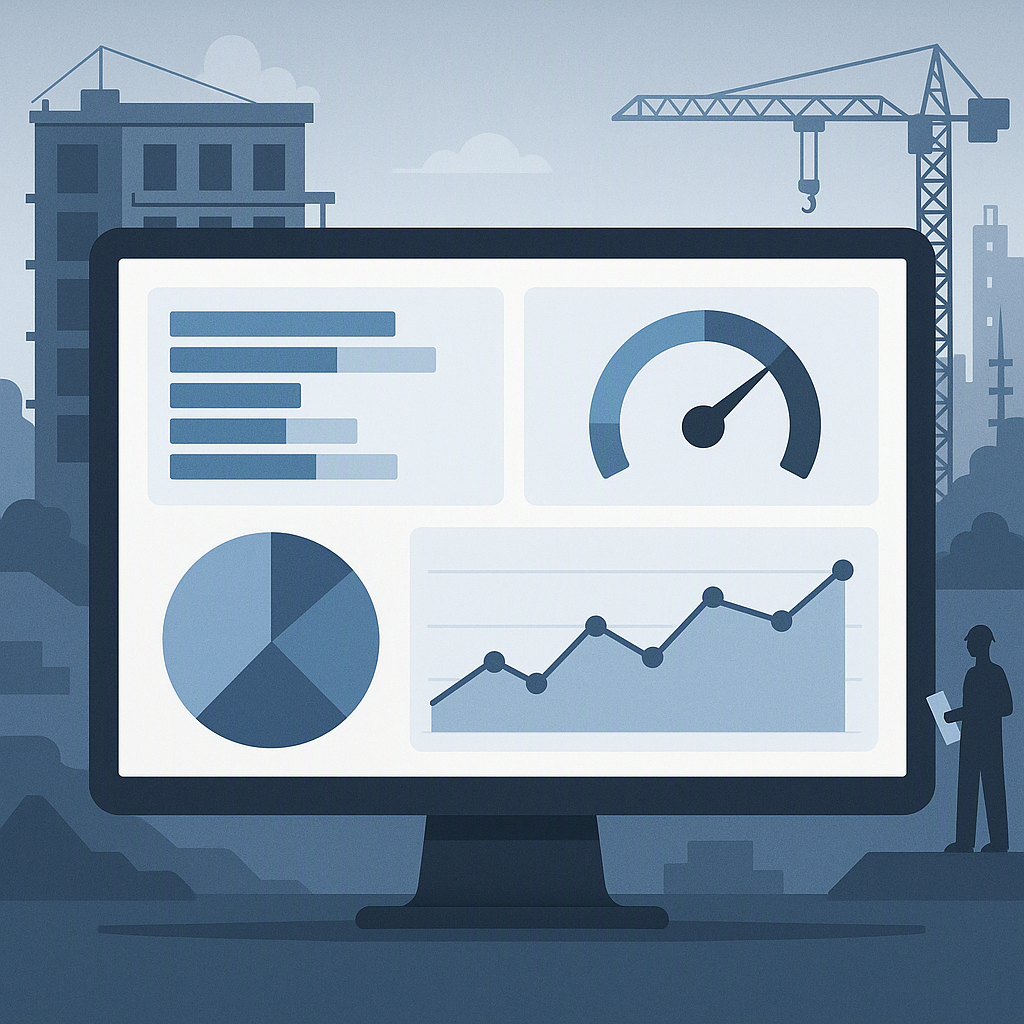 A detailed illustration of a construction project analytics dashboard showing BOQ progress, cost variance, budget consum...