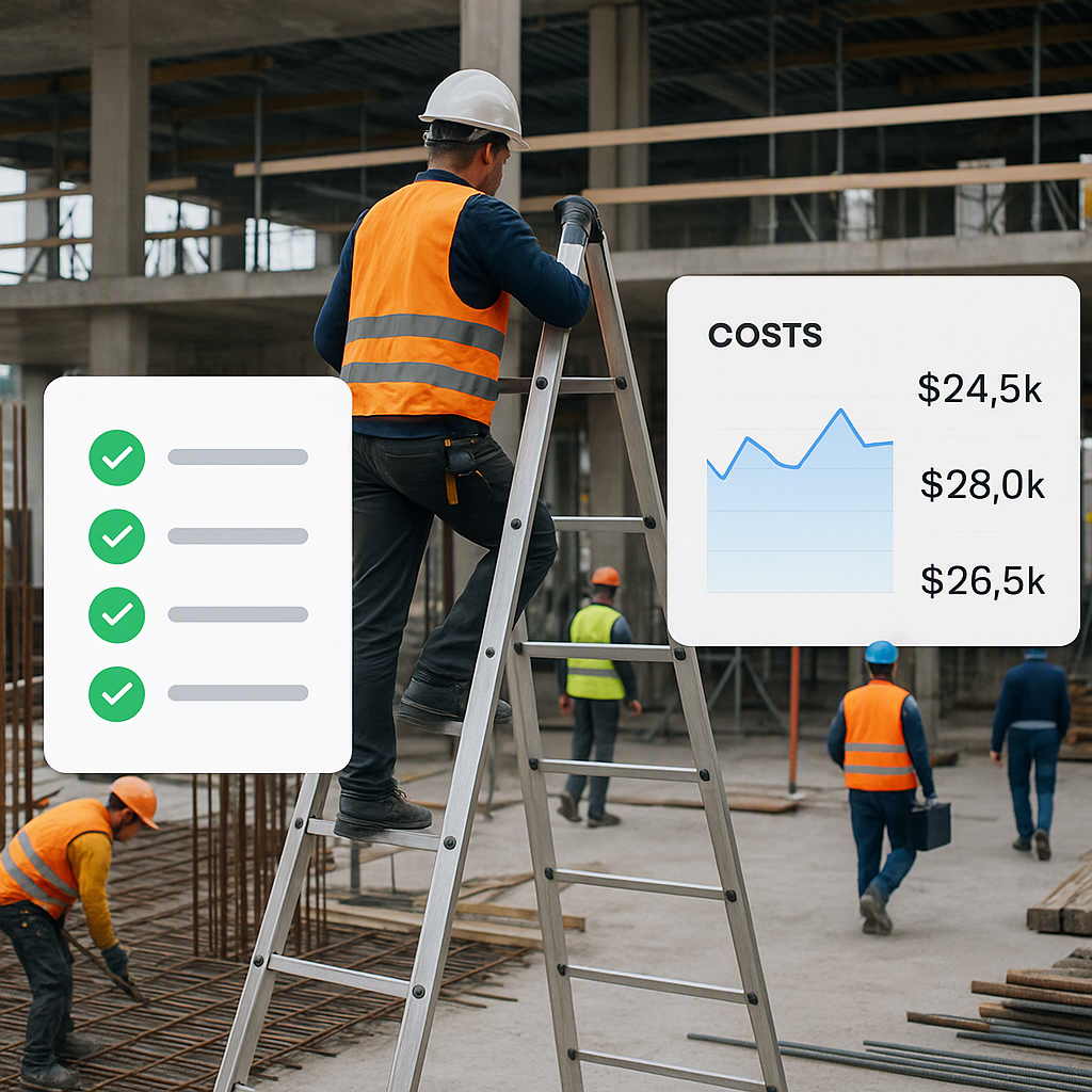 A professional construction site with multiple subcontractors working, overlaid with a clear checklist and a digital das...
