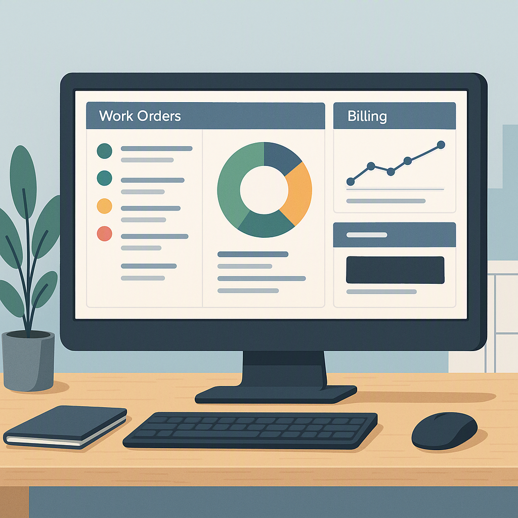 A detailed illustration showing a workflow dashboard with real-time updates for work orders and billing, tailored for a...