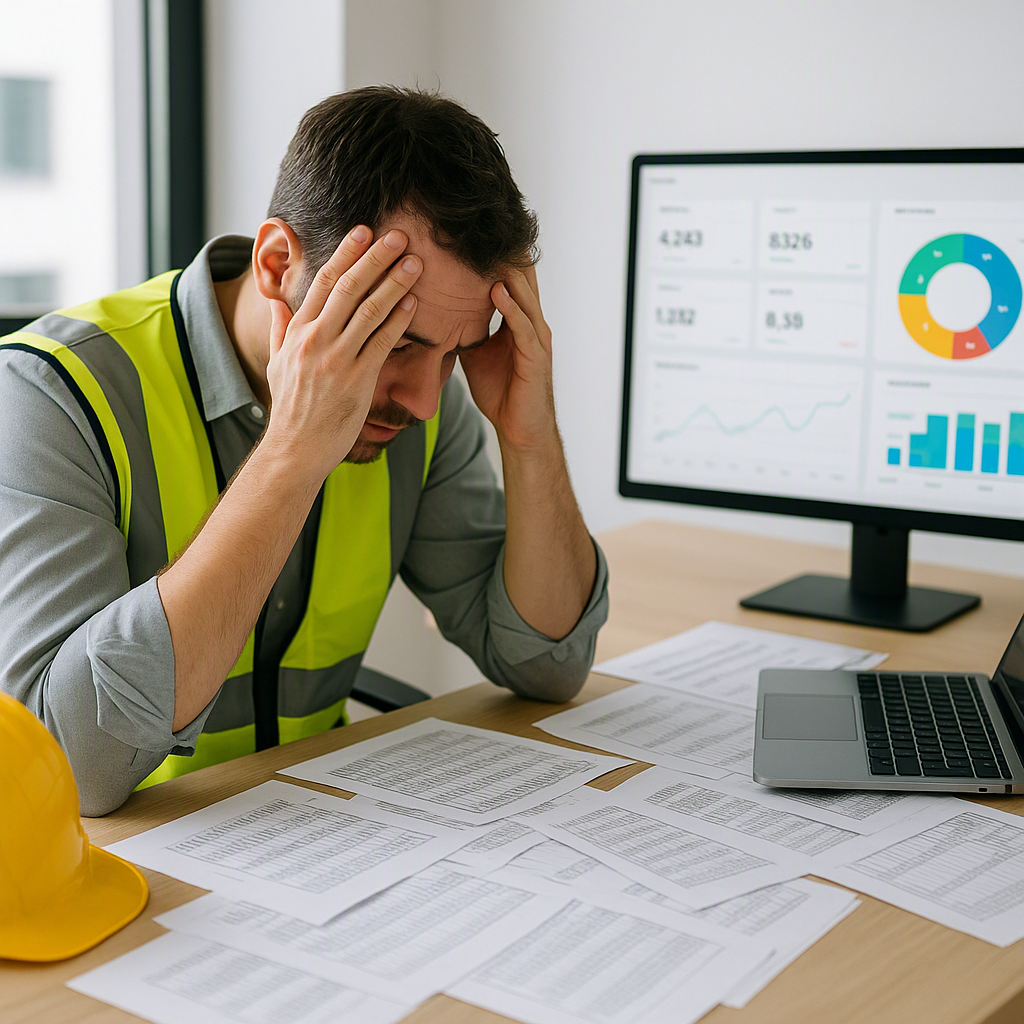 A construction project manager frustrated over messy BOQ spreadsheets, with a clean, centralized ERP dashboard on a near...