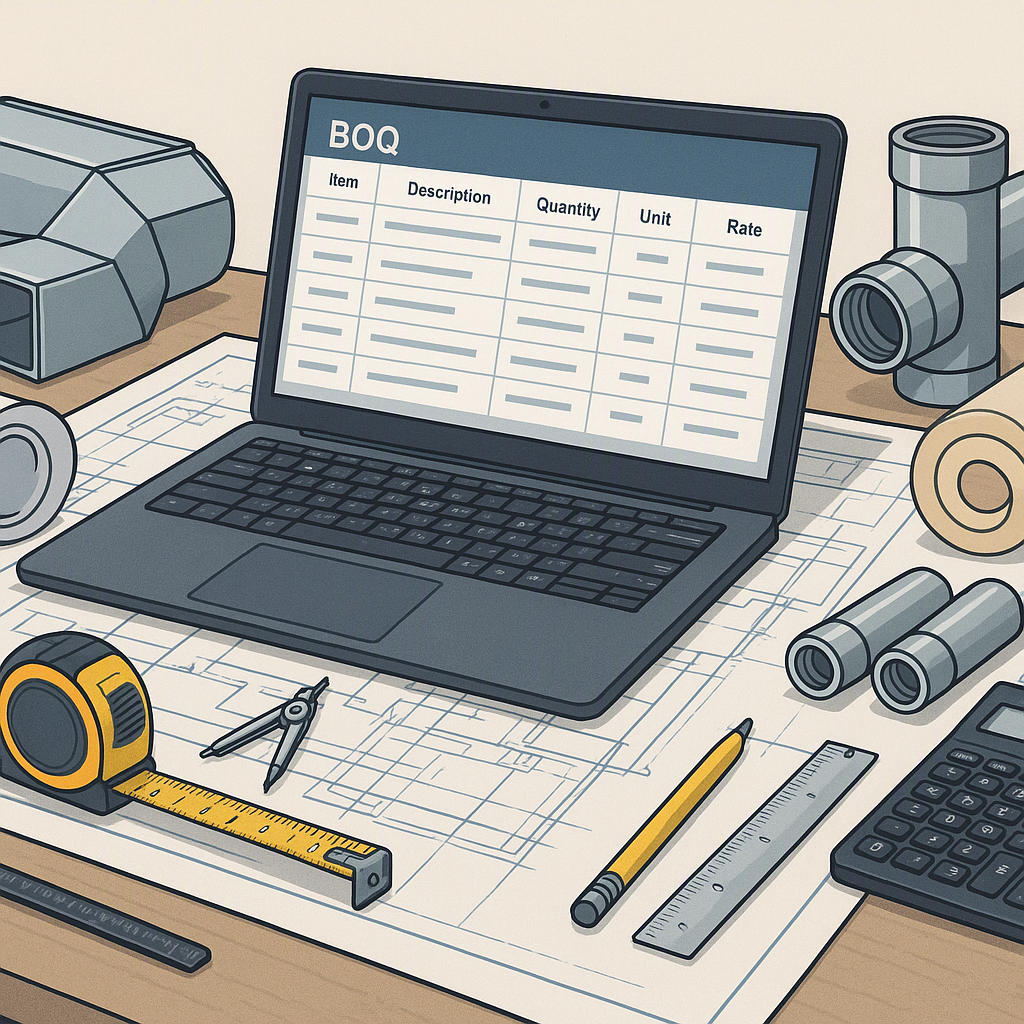A detailed illustration showing a contractor's desk with a laptop open to a BOQ software interface, surrounded by bluepr...