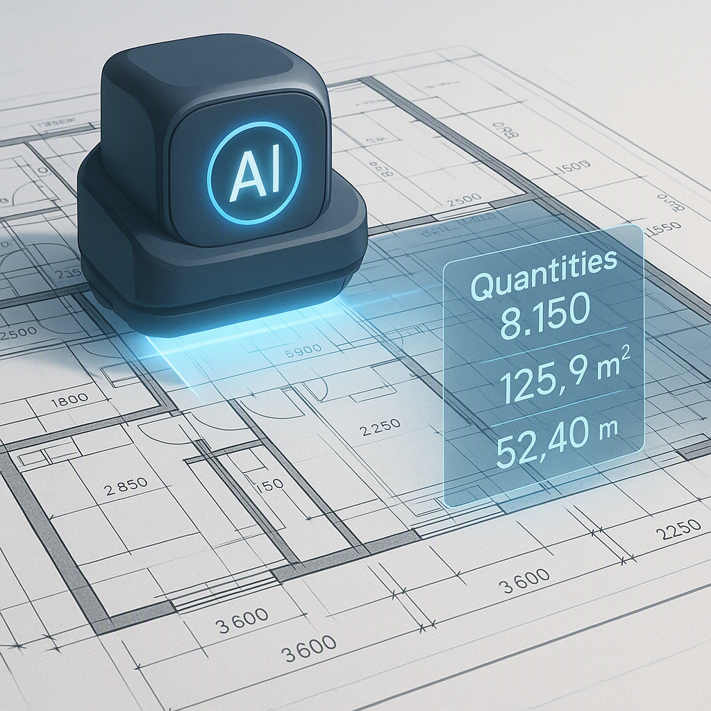 A realistic illustration of construction blueprints being scanned by a futuristic AI-powered device, with a digital over...