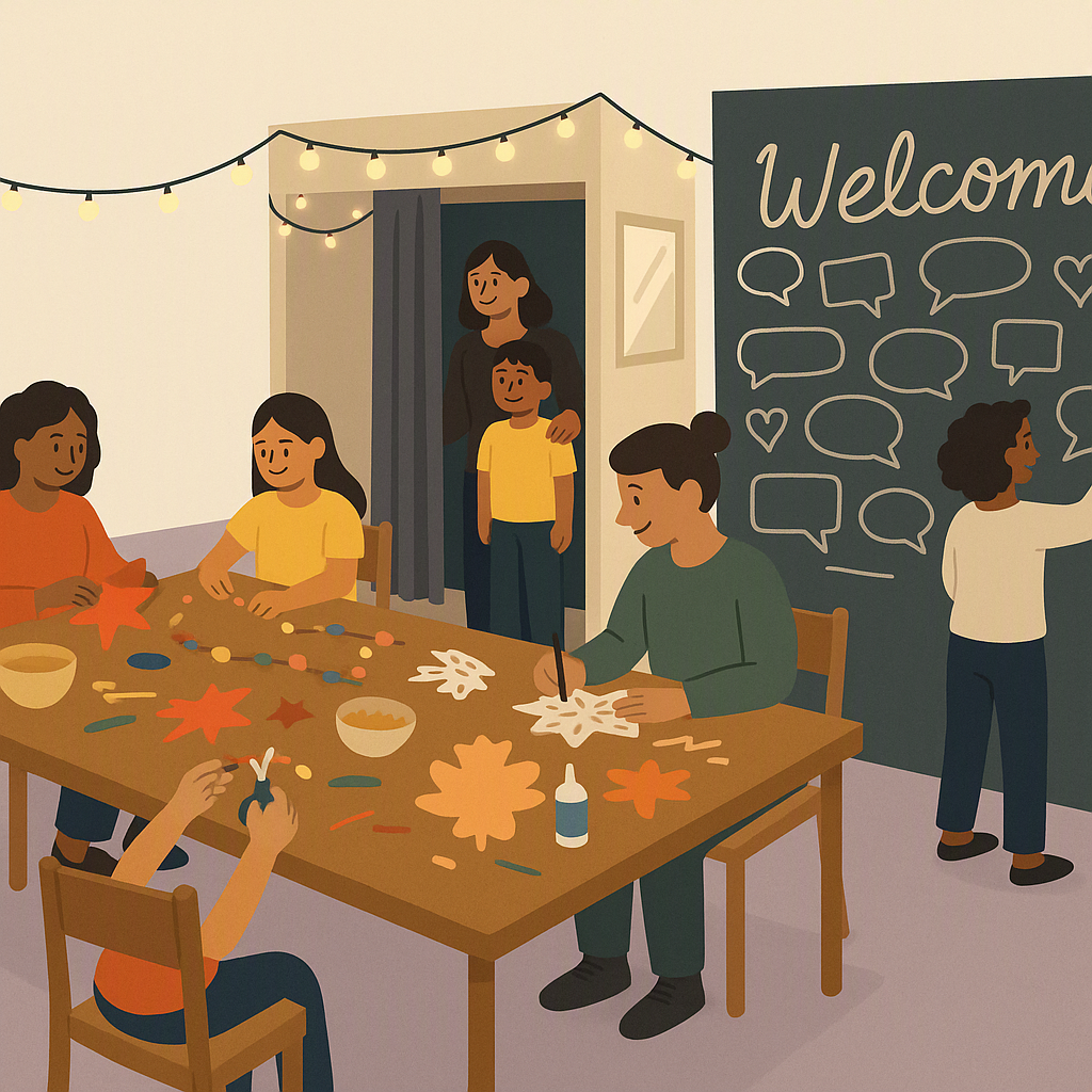 An illustration of a small community event with people crafting decorations at a table, a photo booth with string lights...