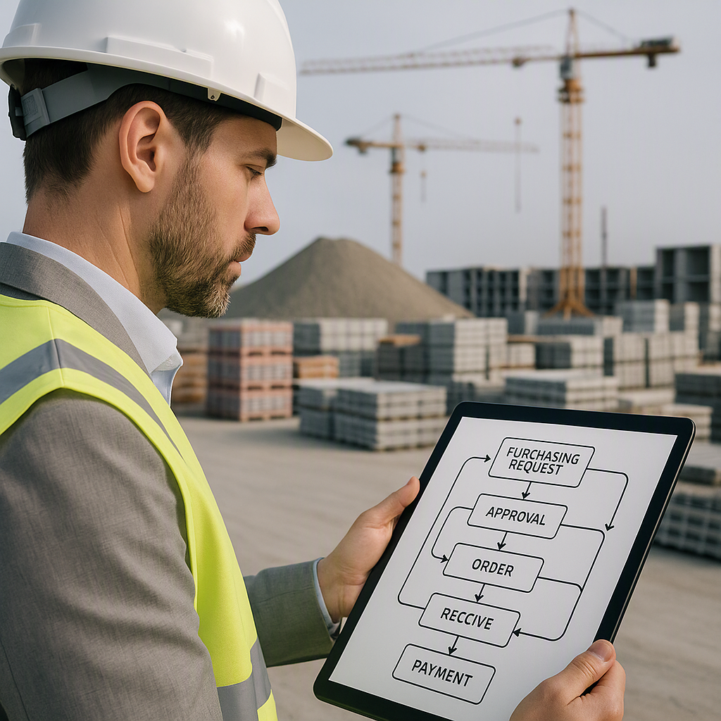 A construction site manager with a tablet, reviewing a procurement workflow diagram. Background shows cranes, stockpiles...