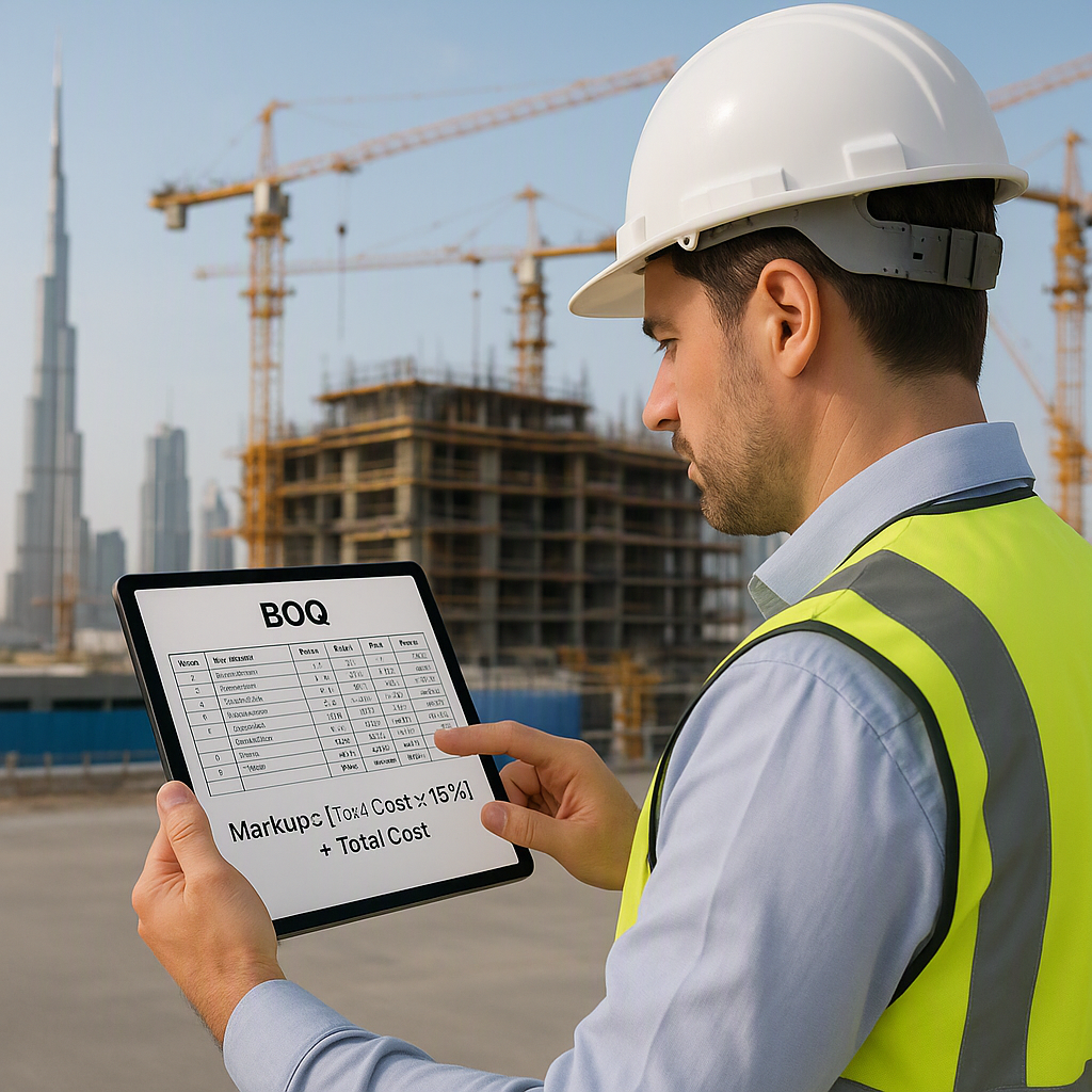 A construction estimator reviewing a detailed BOQ on a digital tablet, with a markup calculation formula displayed on th...