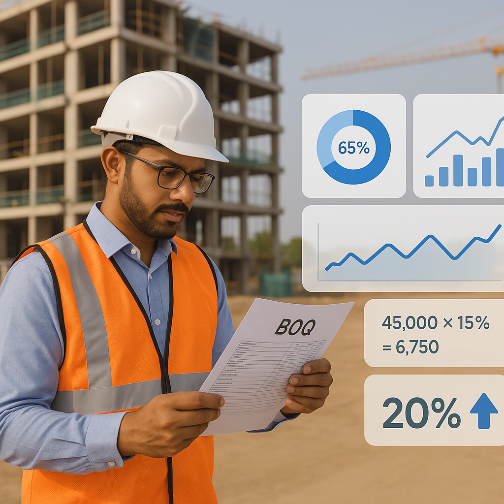 An Indian or GCC construction site with a contractor reviewing a BOQ document, surrounded by charts and graphs showing f...