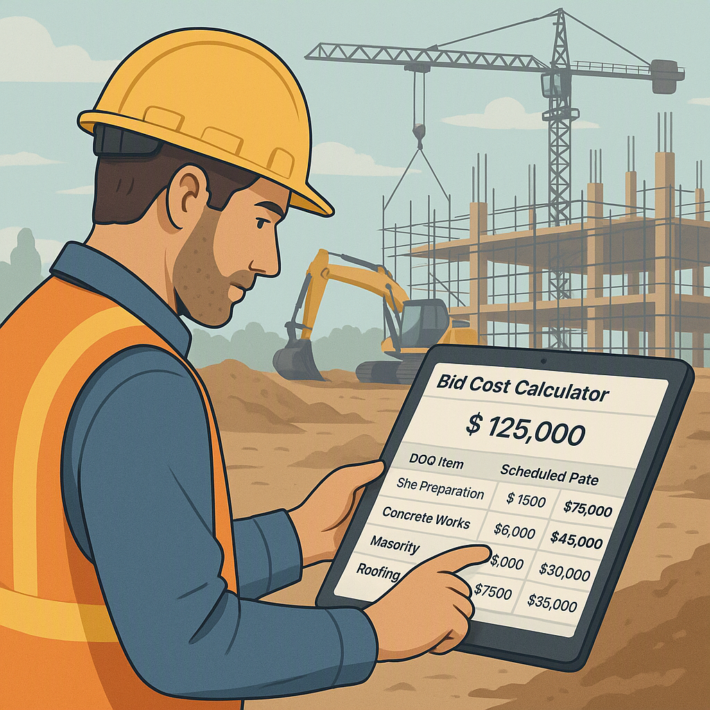 A detailed illustration showing a contractor reviewing a digital bid cost calculator on a tablet, with BOQ item breakdow...