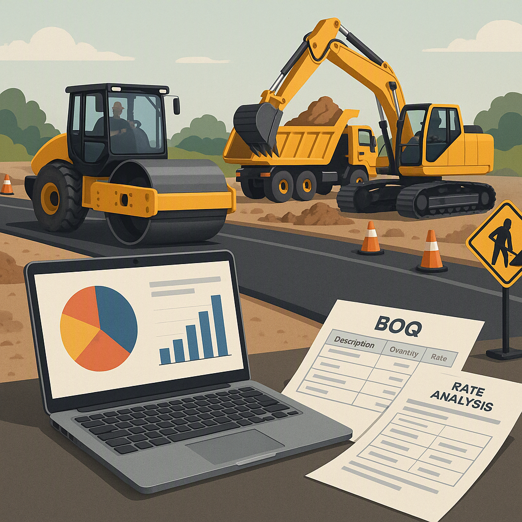 A realistic illustration of a road construction site with heavy machinery, BOQ documents, and a laptop showing rate anal...