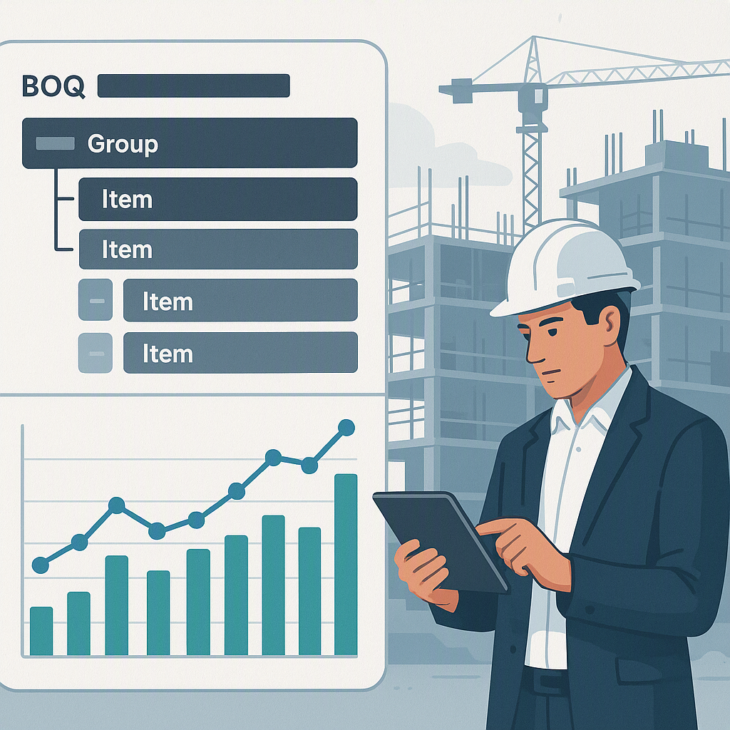 A modern digital dashboard showing BOQ hierarchy with groups and items, a margin analysis chart, and a contractor review...