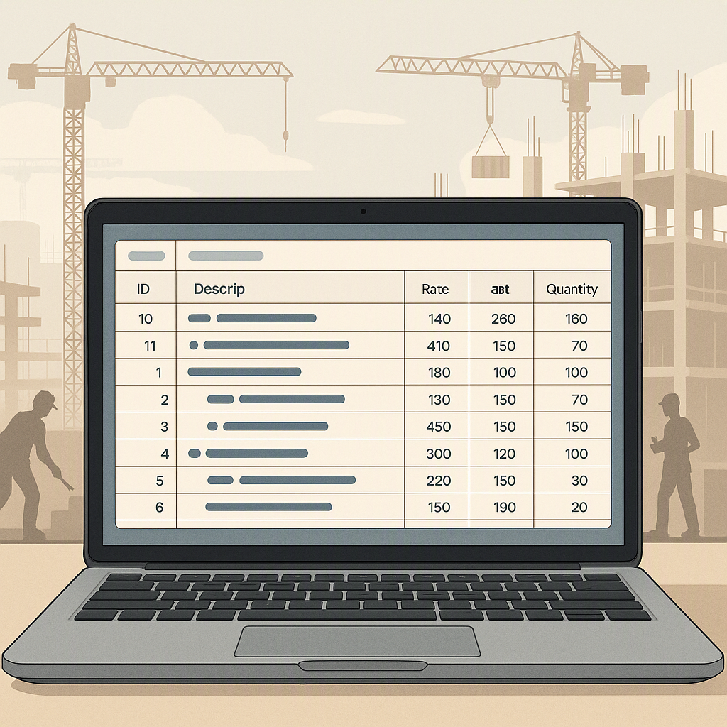 A detailed illustration of a digital construction BOQ template on a laptop screen, showing a hierarchical table with ite...