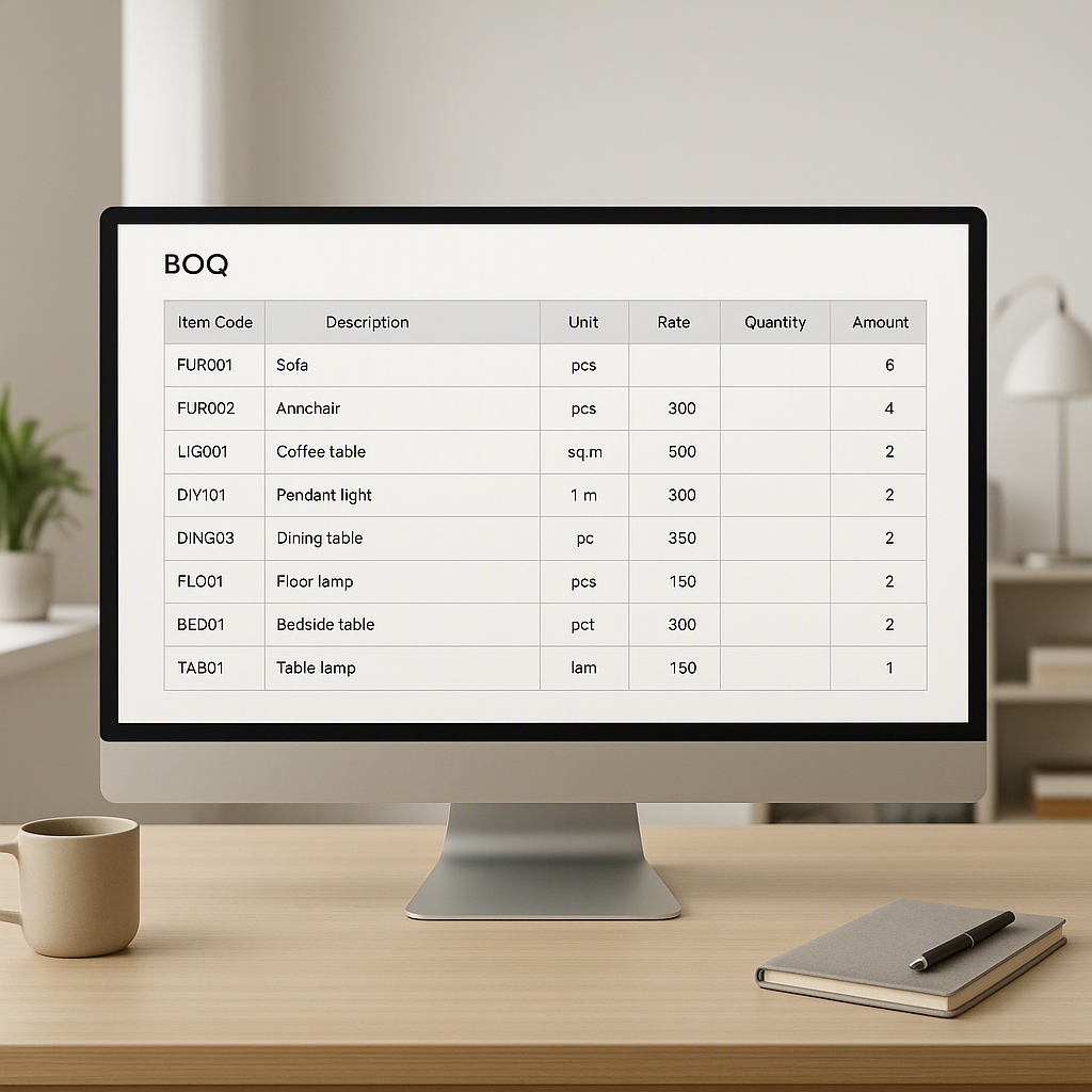 A detailed visual of an interior design BOQ template displayed on a computer screen, showing fields like item code, desc...