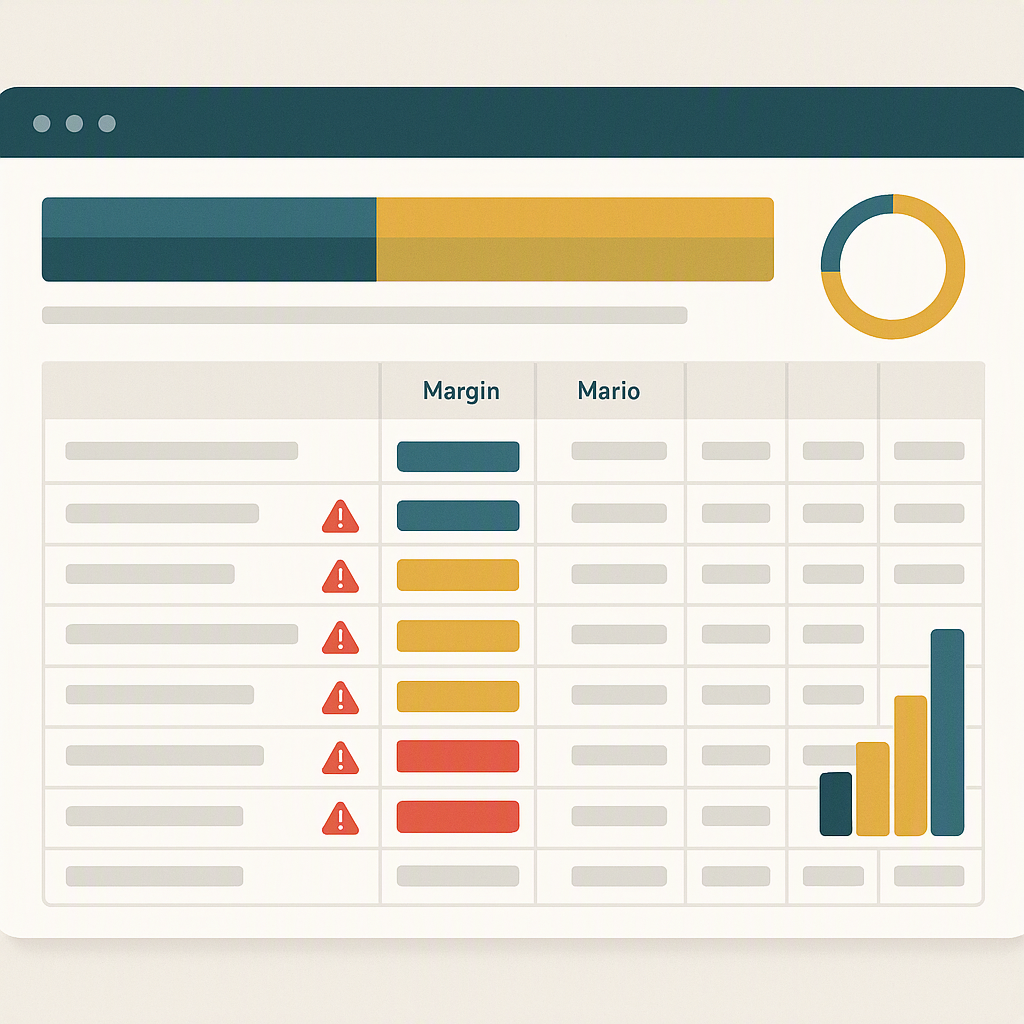 A detailed illustration of a BOQ dashboard with color-coded margin tracking, showing flagged cost overruns across differ...