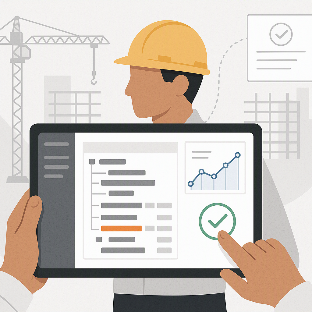 A detailed illustration of a construction takeoff workflow in action, showing BOQ hierarchies, live data integration, an...