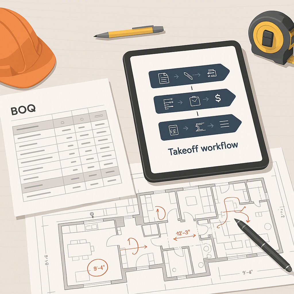 A detailed illustration showing a construction estimator's desk with BOQ sheets, a tablet displaying a takeoff workflow,...