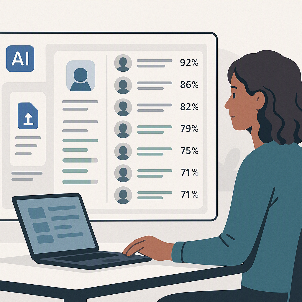 An illustration of an AI-powered dashboard displaying candidate match scores, with a contractor reviewing bulk recruitme...