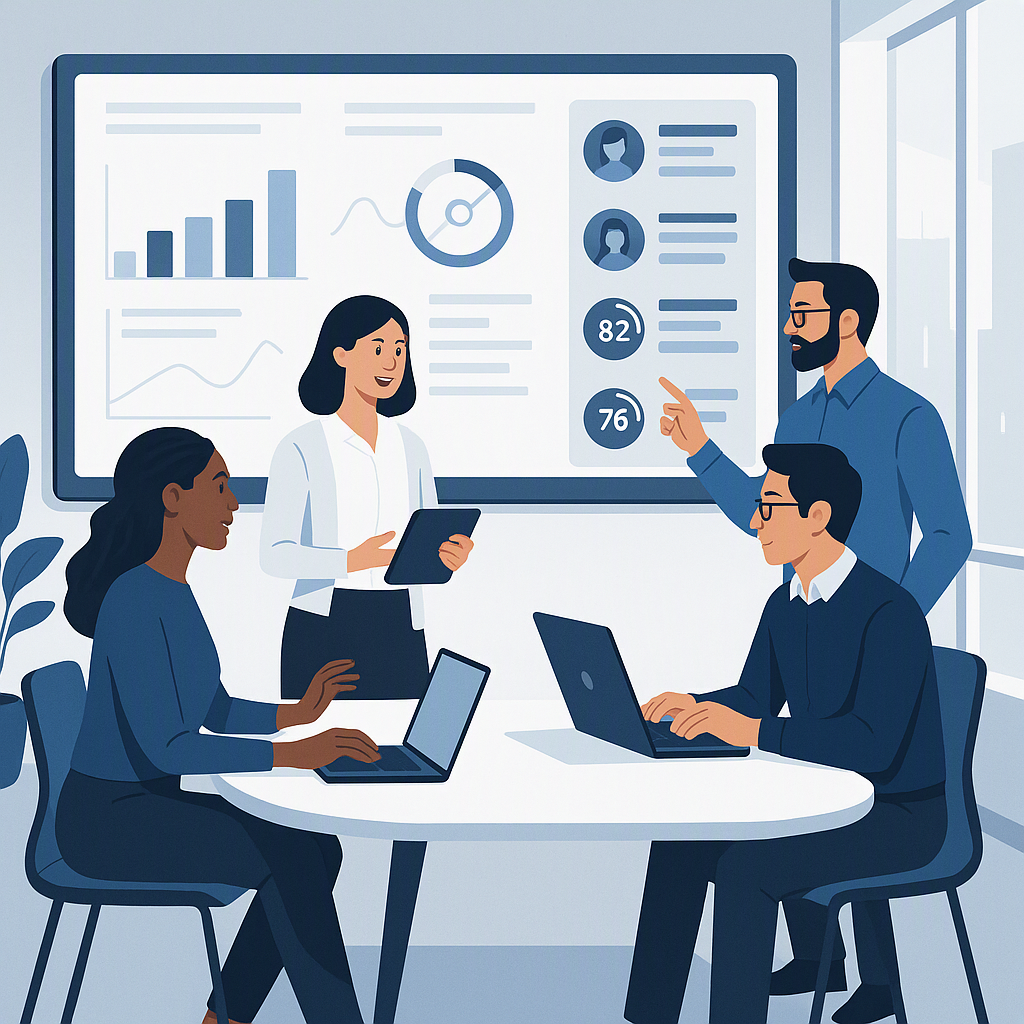 A futuristic office setting where diverse tech professionals collaborate, with a digital dashboard showing recruitment m...