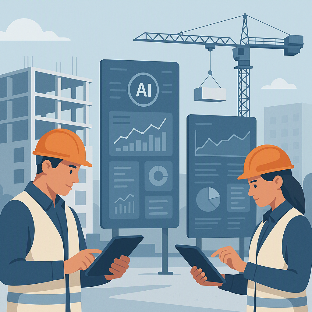 A modern construction site with workers using tablets, AI-driven dashboards on screens, and automated cranes in the back...