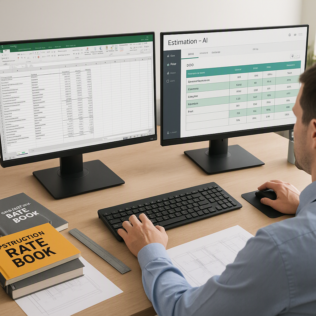A construction estimator at a desk with dual monitors, one showing a complex Excel sheet and the other an AI-powered est...