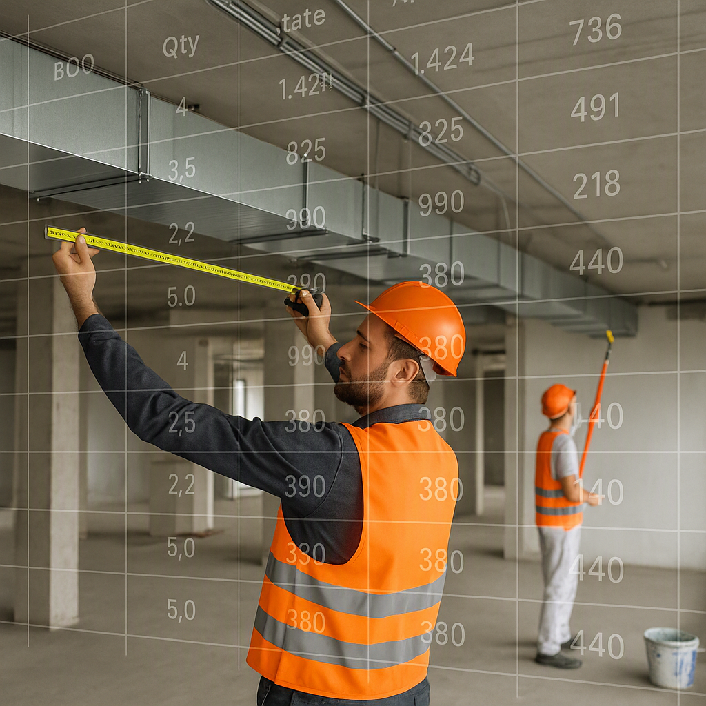 A construction site with workers measuring ductwork and painting, overlaid with a transparent grid showing BOQ and margi...