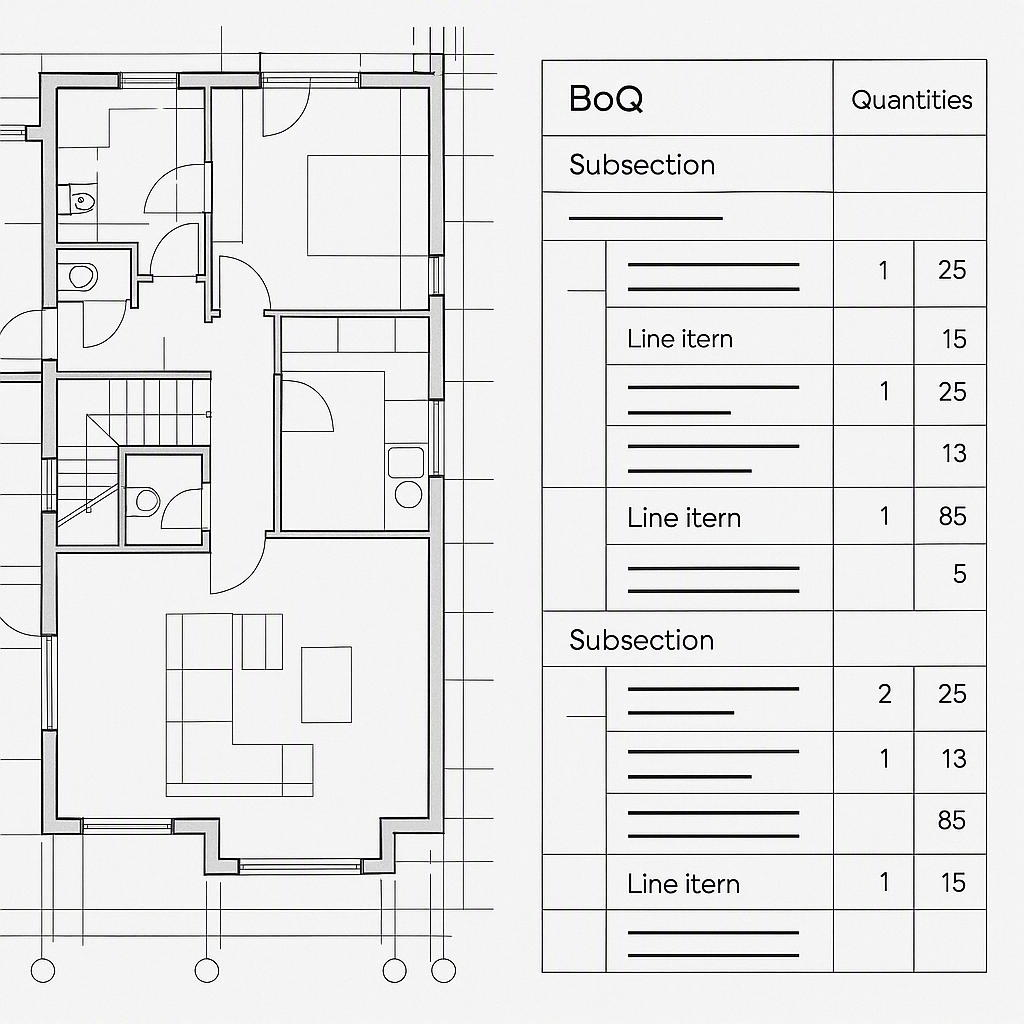A highly detailed construction project blueprint with a clear hierarchical BOQ structure, showing sections, subsections,...